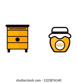 cartoon jar with honey and label and beehouse vector