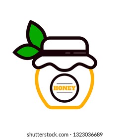 cartoon jar with honey and label outline and leaves
