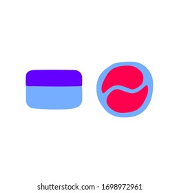 Cartoon jar with hydrogel patches. Scandinavian packaging with cosmetics for face and eyes. Purple box with a mask. Cute Fashion Self-care, moisturizing, anti-aging product. Vector stock illustration