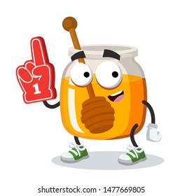 cartoon jar of liquid honey character mascot with the number 1 one sports fan hand glove on a white background