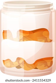 Cartoon jar of peanut butter with white label. Transparent glass container with orange spread inside. Snack food packaging design vector illustration.