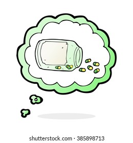 cartoon jar of pills with thought bubble