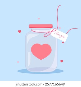 A cartoon jar with a red heart and a tag with the text I love you. Vector illustration