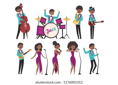 Cartoon jazz artists characters singing and playing on musical instruments. Contrabassist, drummer, saxophonist, guitarists and singers. Flat vector illustration