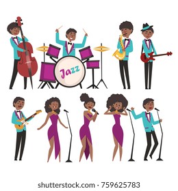 Personajes de artistas de jazz de dibujos animados cantando y tocando instrumentos musicales. Contrabattend, batería, saxofonista, guitarristas y cantantes. Ilustración vectorial plana