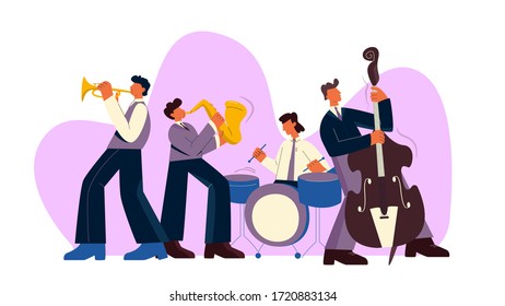 Cartoon jazz band play music on saxophone, trumpet, drum and bass guitar vector flat illustration. Musical performers playing pop, rock and classical sound isolated on white background big limbs style