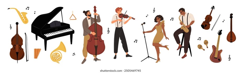 Banda de jazz de dibujos animados. Músicos de Profesional con instrumentos musicales. Tocador de contrabajo. Violinista y saxofonista tocan música. Cantante vocalista. Hombre al piano. cantante de Blues