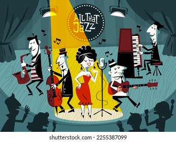 Cartoon Jazz Konzert. Musikfestival, öffentliche Bühnenaufführung, Musiker im Club, lustige Band, Sängerin, Saxophonist, lustige Pianistin und Gitarrist, Comicfiguren, ordentliches Vektorkonzept