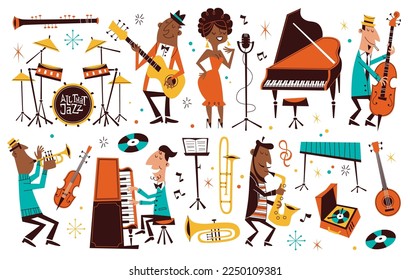 Cartoon jazz music  Cute professional musicians and instruments  comic funny characters  orchestra performance  singer  saxophonist   pianist  drums guitar   flute  tidy vector set