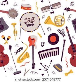 Cartoon jazz music instruments. Repeated live sound tools, guitar, drum, saxophone and banjo, funny color elements, vector seamless pattern