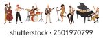 Cartoon jazz musicians. Professional music band. People play instruments and sing. Man at piano. Woman with microphone. Entertainment performance. Guitar and saxophone