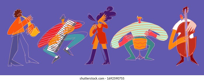 Cartoon jazz musicians and vocalist in modern style isolated on violet background