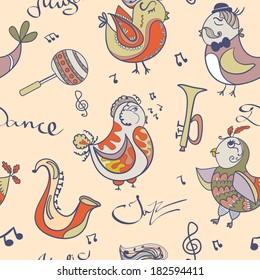 Cartoon jazz orchestra concept wallpaper. Birds sing and dancing. Seamless pattern 