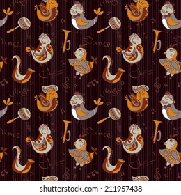 Cartoon jazz orchestra concept wallpaper. Birds sing and dancing. Seamless pattern can be used for wallpaper, pattern fills, web page backgrounds