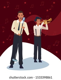 cartoon jazz singer and trumpeter over musical notes and red background, colorful design. vector illustration