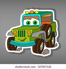Cartoon jeep sticker for boys.Vector illustration of doodle army car for scrapbook.Transportation Doodle Background. Funny smile car icon. Comic character for kids on grey background