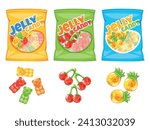 Cartoon jelly candies packs. Colorful fruity gum bags. Gelatin bears. Cherries and pineapple shaped. Confectionery package. Sachet packaging. Various assortment. Sweet marmalades vector set