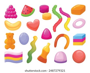 Cartoon jelly candies. Sweet chewy candy different shapes, heart bear watermelon slice banana worms. Gummy dessert for kids, neoteric vector set