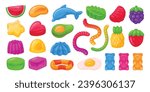 Cartoon jelly candy set. Fruity gummy, delicious jelly candy, chewy sweets with various flavors flat vector illustration set. Jelly candy collection
