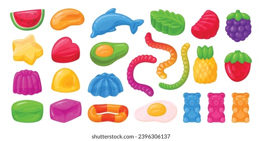 Cartoon jelly candy set. Fruity gummy, delicious jelly candy, chewy sweets with various flavors flat vector illustration set. Jelly candy collection