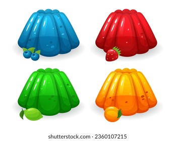 Cartoon jelly. Sweet blueberry, strawberry, lime and peach taste jellies. Colorful gelatin dessert isolated vector illustration set of jelly sweet multicolor