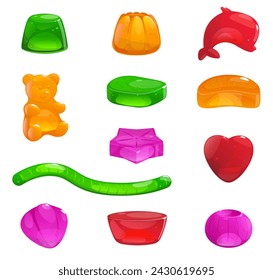 Cartoon jelly sweets. Chewing fruit candies. Colorful tasty gummy animals, hearts and stars. Marmalade bears. Sugar snacks. Delicious gelatin dessert. Vector yummy