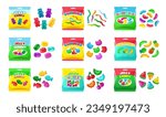 Cartoon jelly sweets. Cute candy variety pack of multicolored jelly beans, gummies and candy worms with packaging vector set of jelly candy sweet, variety food illustration