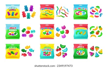 Cartoon jelly sweets. Cute candy variety pack of multicolored jelly beans, gummies and candy worms with packaging vector set of jelly candy sweet, variety food illustration