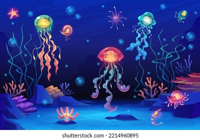 Cartoon jellyfish background. Ocean deep water life, glowing creatures on seabed, underwater marine transparent bright animals, plankton and shrimp, tropical sea algae, tidy vector concept