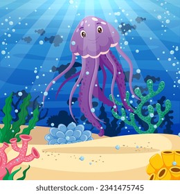 Cartoon jellyfish with beautiful underwater world. Vector illustration