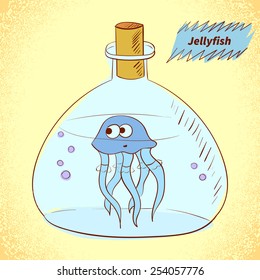 Cartoon jellyfish in a bottle. Vector illustration. 