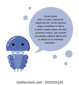 Cartoon jellyfish character with speech bubble. Vector illustration of barrel jellyfish. Can be used for Information Board, beach signs, attention signs, children toys and apparel, web design, logo