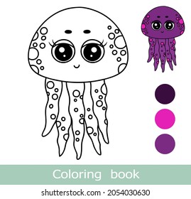 Cartoon jellyfish coloring book page with colorful template. Cute jellyfish coloring book. Underwater ocean life, marine animal. Funny fish isolated contour. Kids animals coloring book page. Worksheet