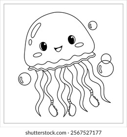 Cartoon jellyfish coloring page. Cute line drawing for kids.