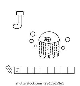 Cartoon jellyfish coloring pages. Learning game for small children - write a word in English language. Vector alphabet for kids