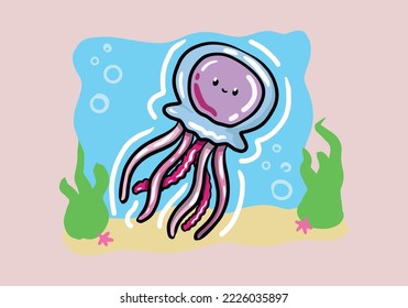 Cartoon jellyfish in flat style.Hand drawn Vector illustration of jellyfish isolated on background