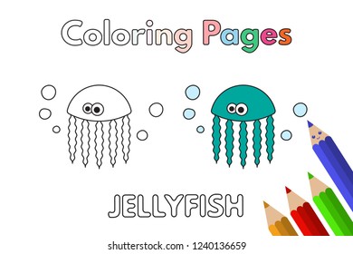 Cartoon jellyfish illustration. Vector coloring book pages for children