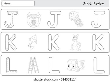 Cartoon jellyfish, jam, kite, kangaroo, lorry and ladder. Alphabet tracing worksheet. J-K-L Review