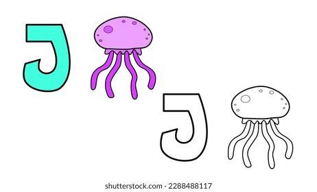 Cartoon Jellyfish and letter J coloring book vector illustration for children