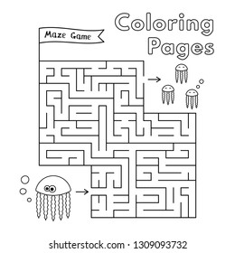 Cartoon jellyfish maze game. Vector coloring book pages for children