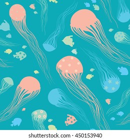 Cartoon jellyfish on a blue background. Seamless vector pattern. Wallpaper with underwater creatures.