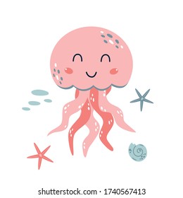 Cartoon jellyfish. Pink jellyfish. Cute cartoon character is isolated on white. Girls funny print. Vector illustration.