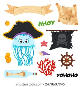 Cartoon jellyfish pirate in flat style on a white background. Sea creatures. Set of illustrations with a funny jellyfish and decorative items.