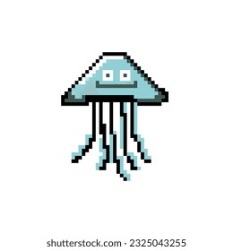 Cartoon jellyfish in pixel style. Vector illustration of jellyfish isolated on white background