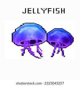 Cartoon jellyfish in pixel style. Vector illustration of jellyfish isolated 