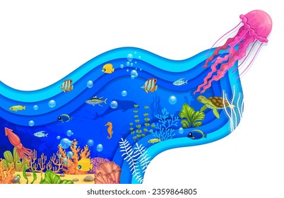 Cartoon jellyfish and sea paper cut underwater landscape. Ocean water animal, fish shoals, sea turtle, dolphin and squid in vector 3d papercut frame with blue wavy borders, seaweeds, corals, bubbles