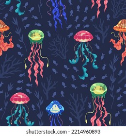 Cartoon jellyfish seamless pattern. Bright glowing ocean animals, transparent scalding creatures, sea fish flock, underwater marine. Decor textile, wrapping paper, tidy vector background