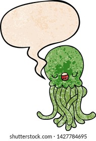 cartoon jellyfish with speech bubble in retro texture style