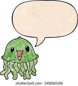 cartoon jellyfish with speech bubble in retro texture style