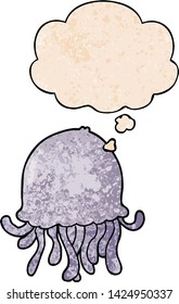 cartoon jellyfish with thought bubble in grunge texture style